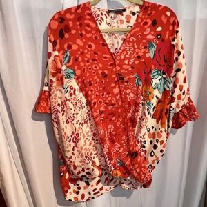 Laurel Grey Large Women's Top‎ Floral Leopard Faux Wrap Ruffle Sleeve Boho